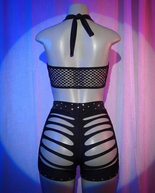 Blackout black rhinestone fishnet two-piece set back view