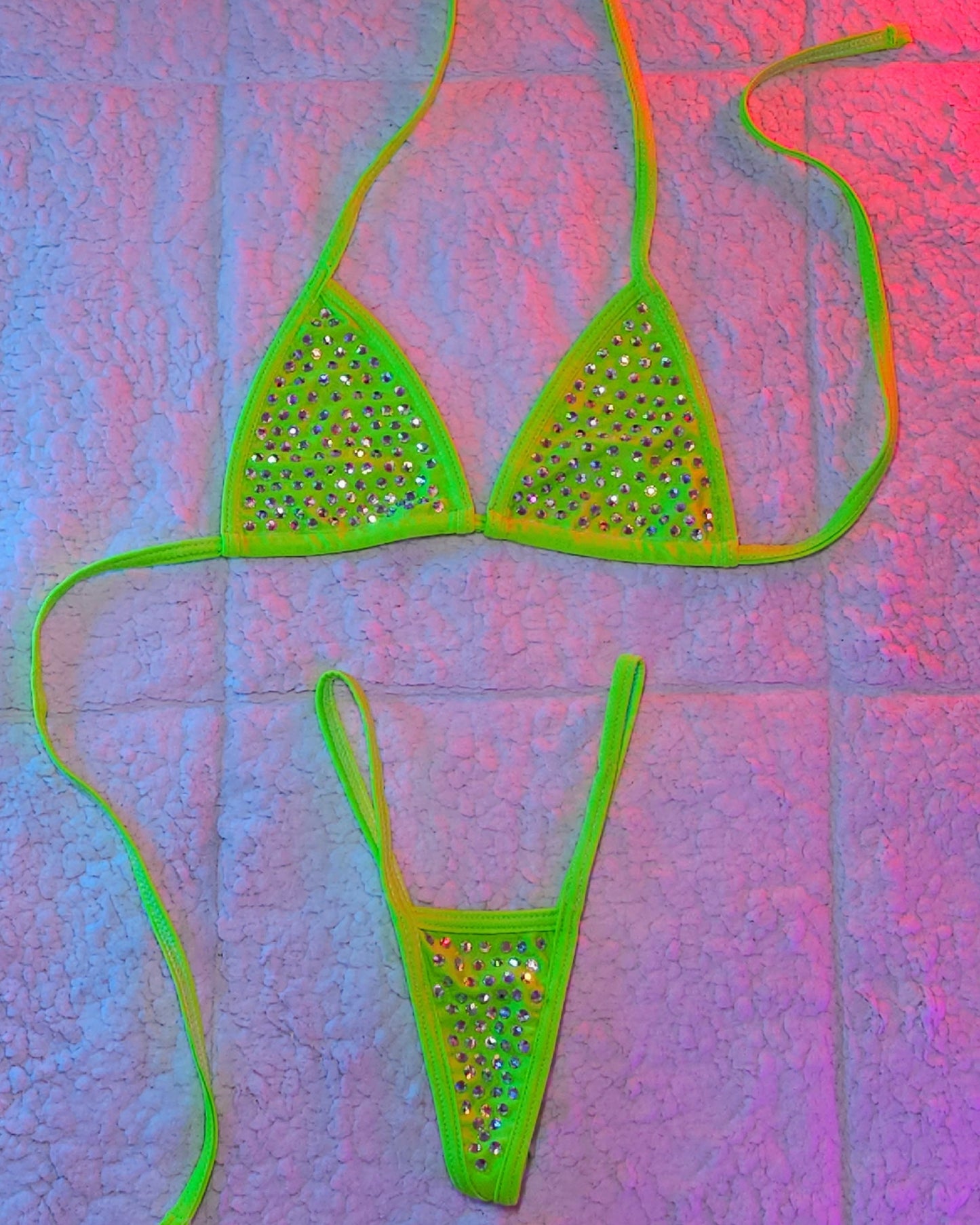 Colorful Sparkling Rhinestone Bikini Set - Semi-Micro Thong & Top