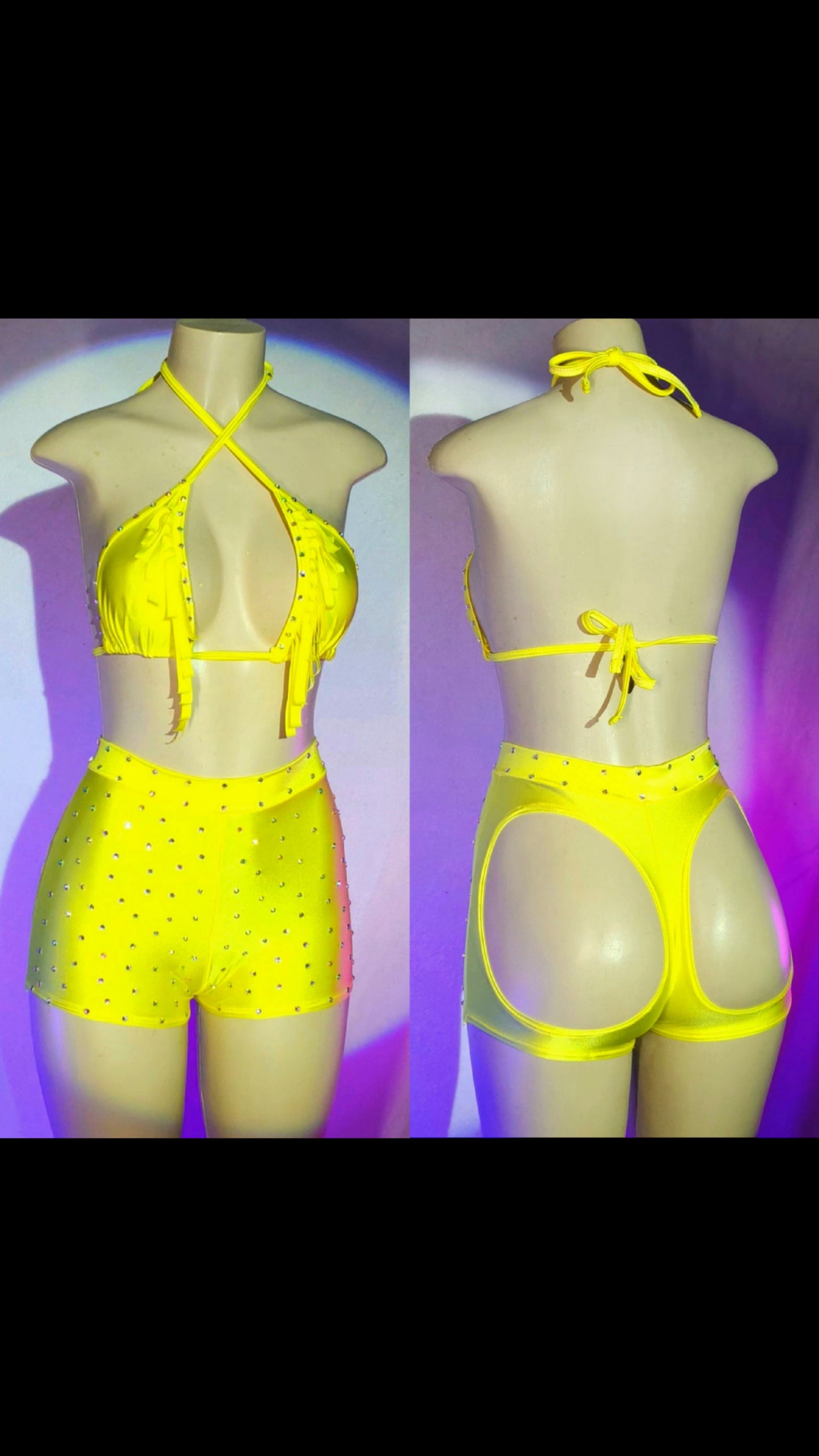 Cut Out Back Booty Shorts Stripper Outfits with Fringy Bikini Top Two-Piece Rhinestone Embellished Sexy for Exotic Dancewear and Festival Rave Wear