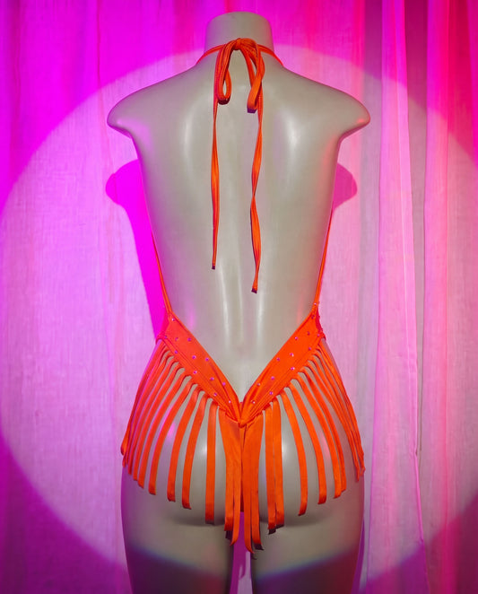 Bella orange Lycra bodysuit back view with fringe detail