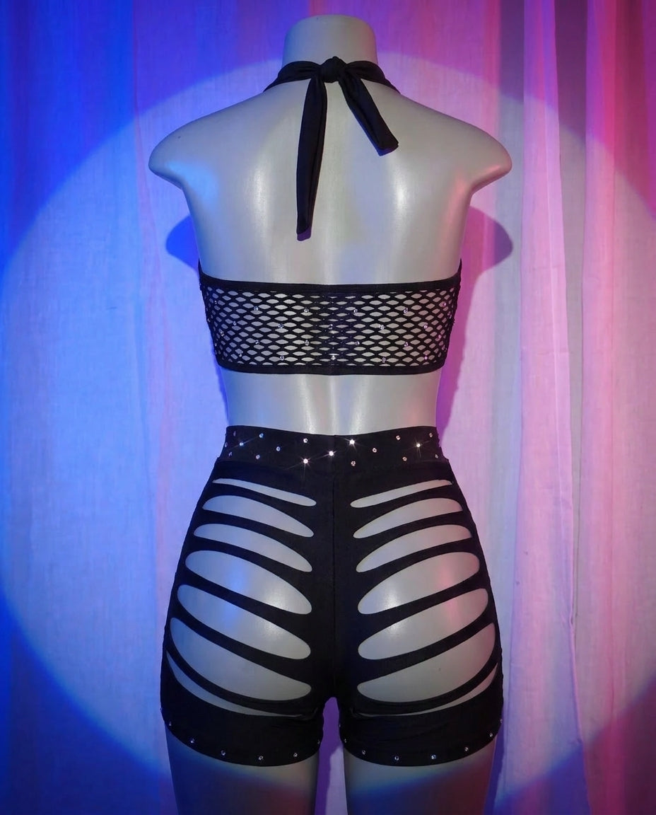 Blackout black rhinestone fishnet two-piece set back view