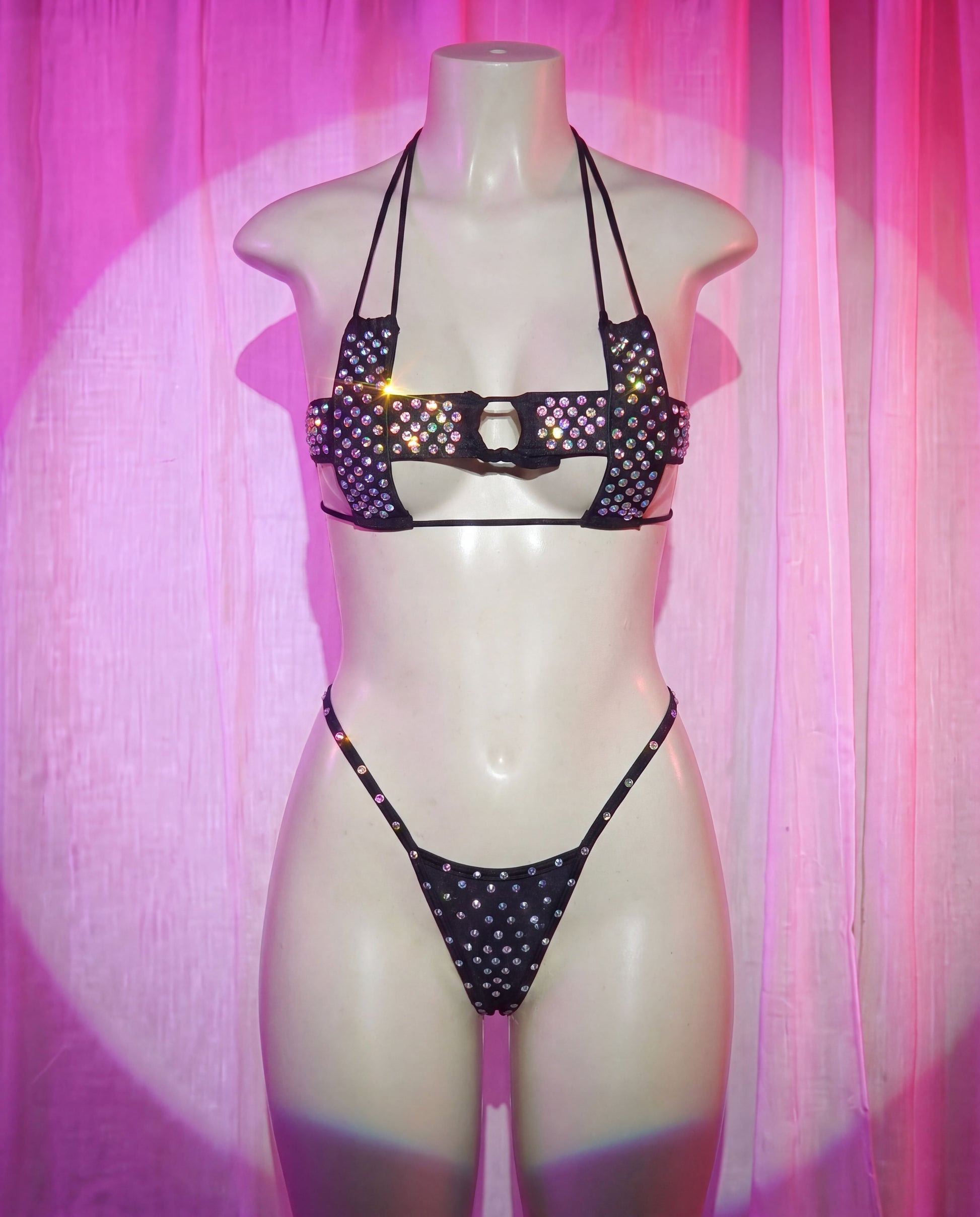 Crossed black rhinestone Lycra two-piece set front view
