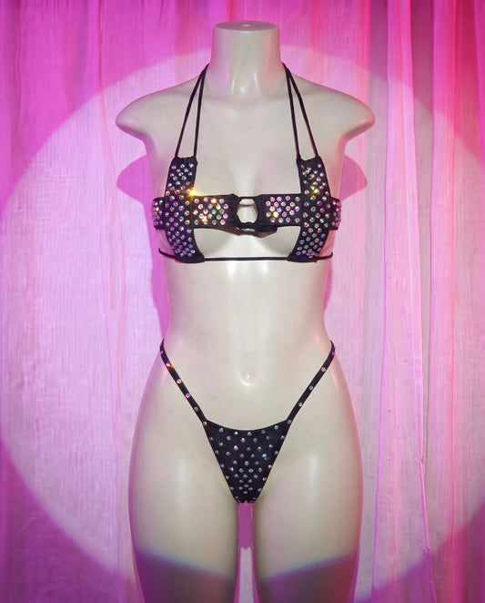 Crossed black rhinestone Lycra two-piece set front view