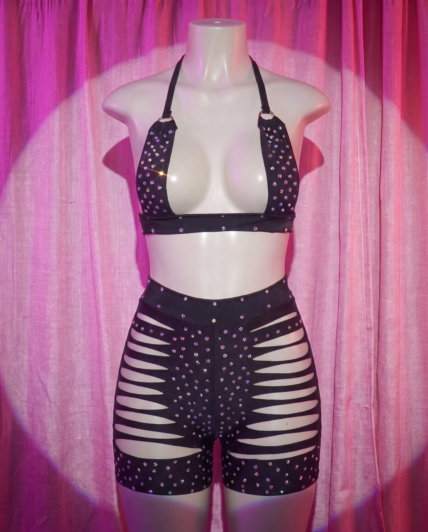 Front view of Starlet black rhinestone stripper shorts set with strappy top