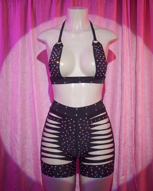 Front view of Starlet black rhinestone stripper shorts set with strappy top