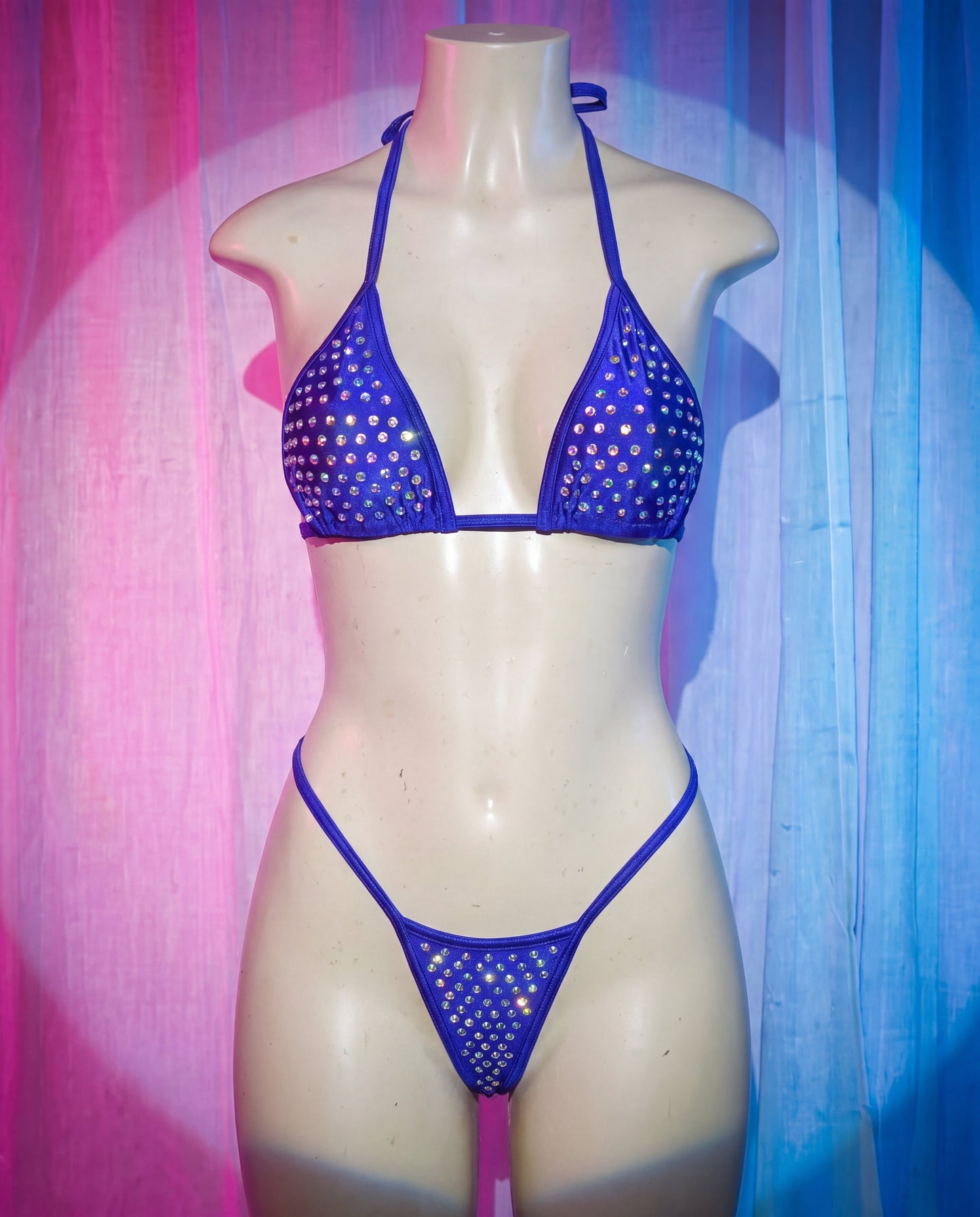 Front view of Rainbow Bikini blue rhinestone stripper bikini set