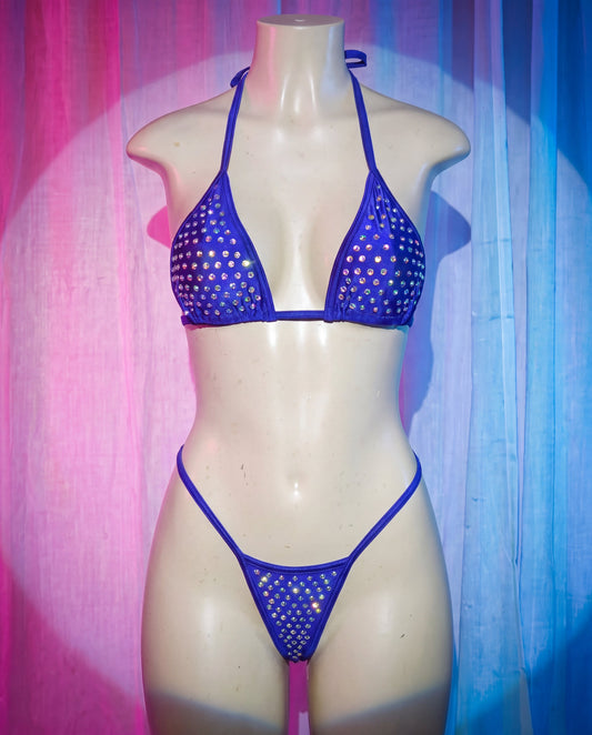 Front view of Rainbow Bikini blue rhinestone stripper bikini set