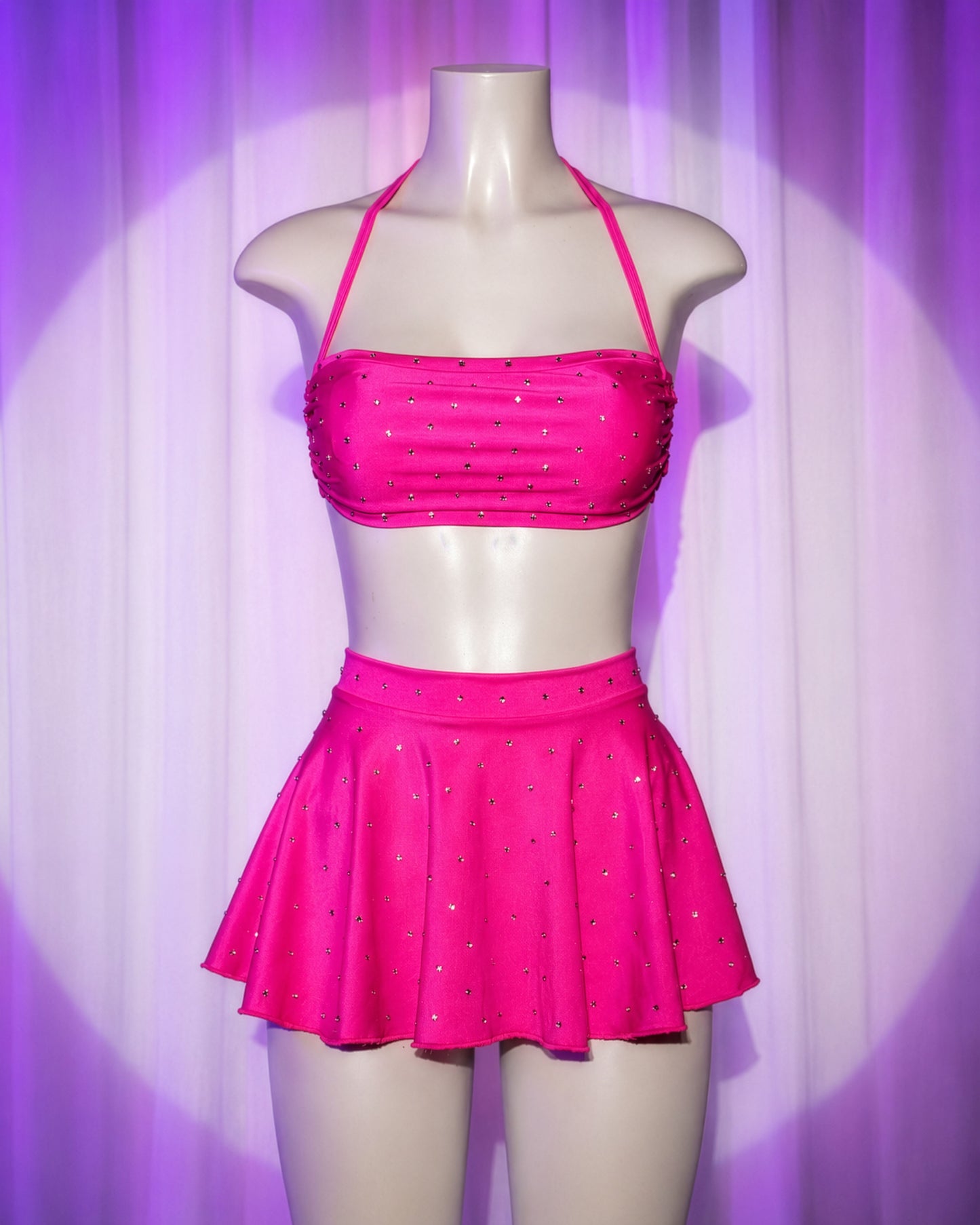 Front view of Daisy pink three-piece stripper outfit with rhinestone mini skirt, top and thong