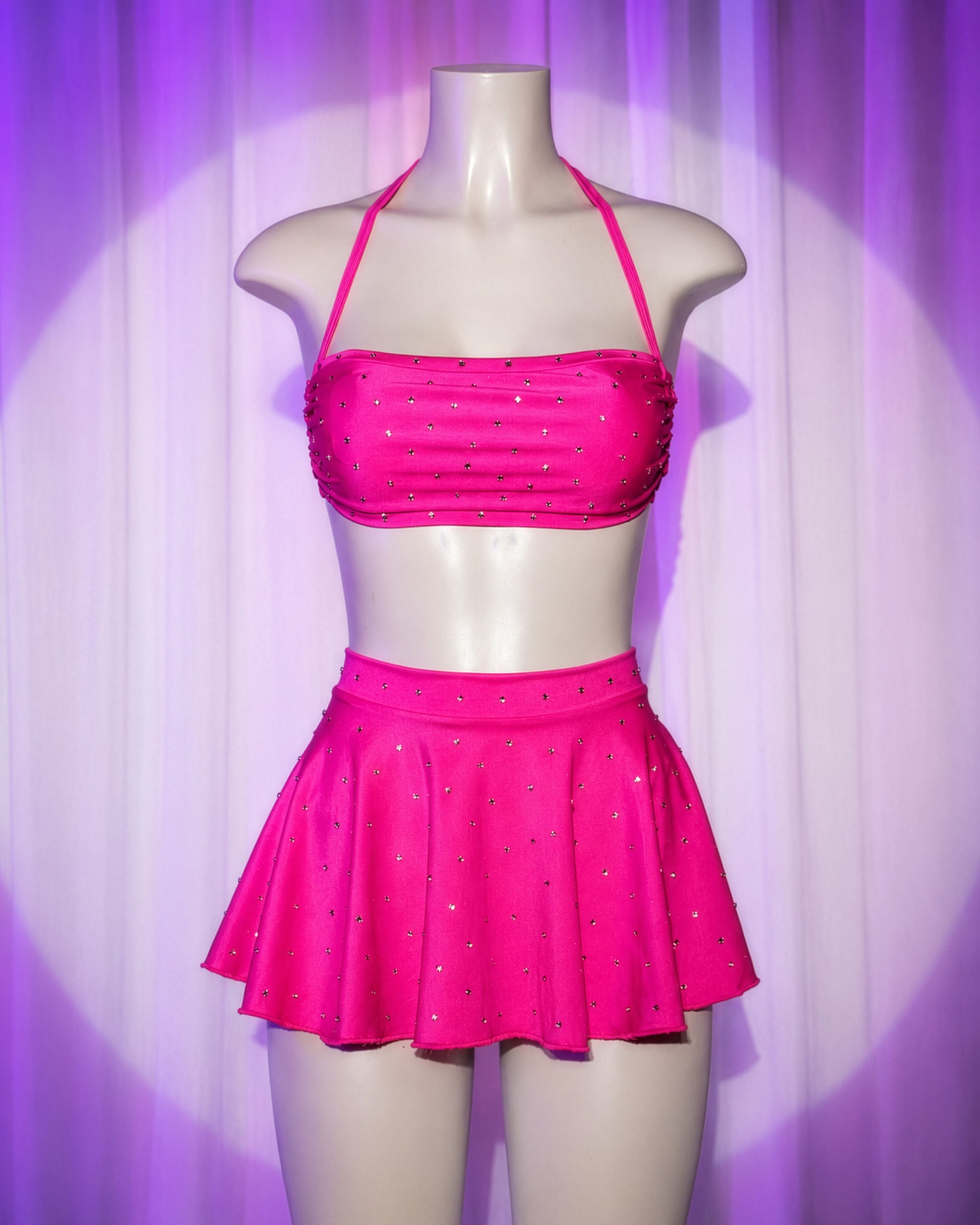 Front view of Daisy pink three-piece stripper outfit with rhinestone mini skirt, top and thong