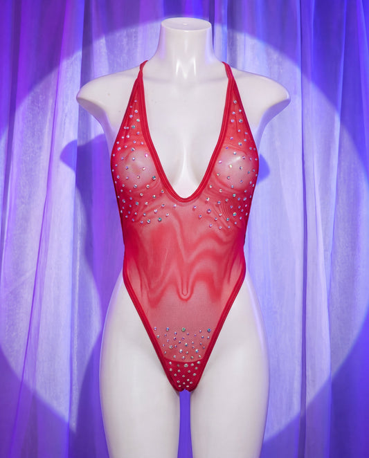 Front view of Diamond red sheer mesh rhinestone stripper bodysuit with high-cut leg