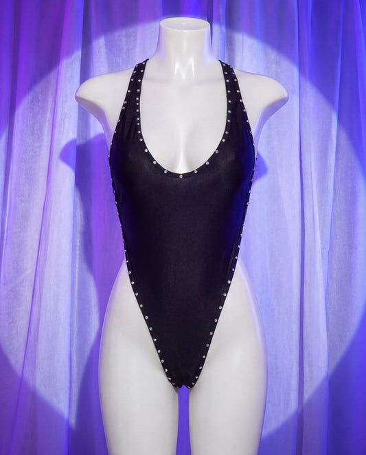 Front view of Dreamy black high-cut rhinestone stripper bodysuit