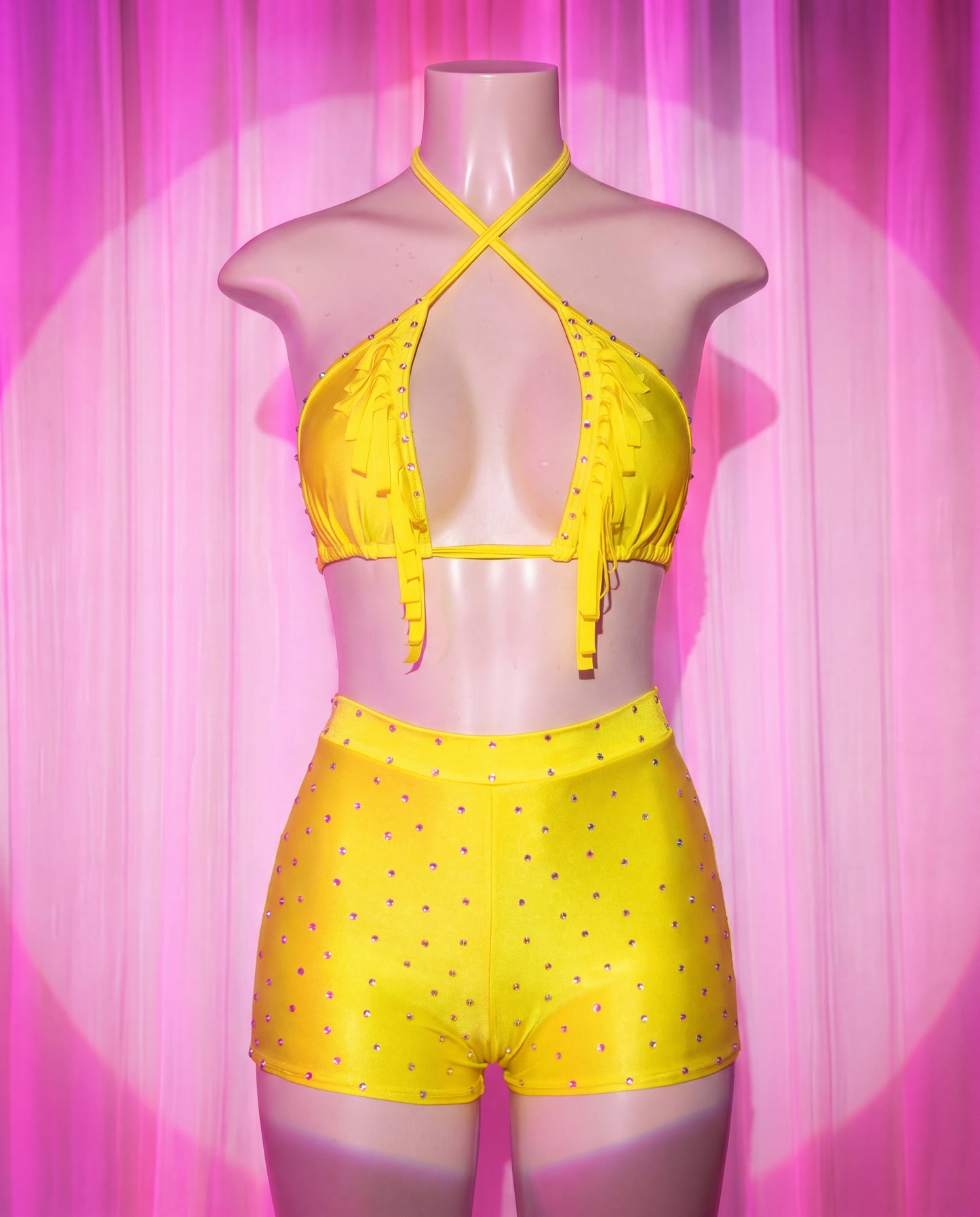 Luna yellow cutout stripper shorts set with fringe front view