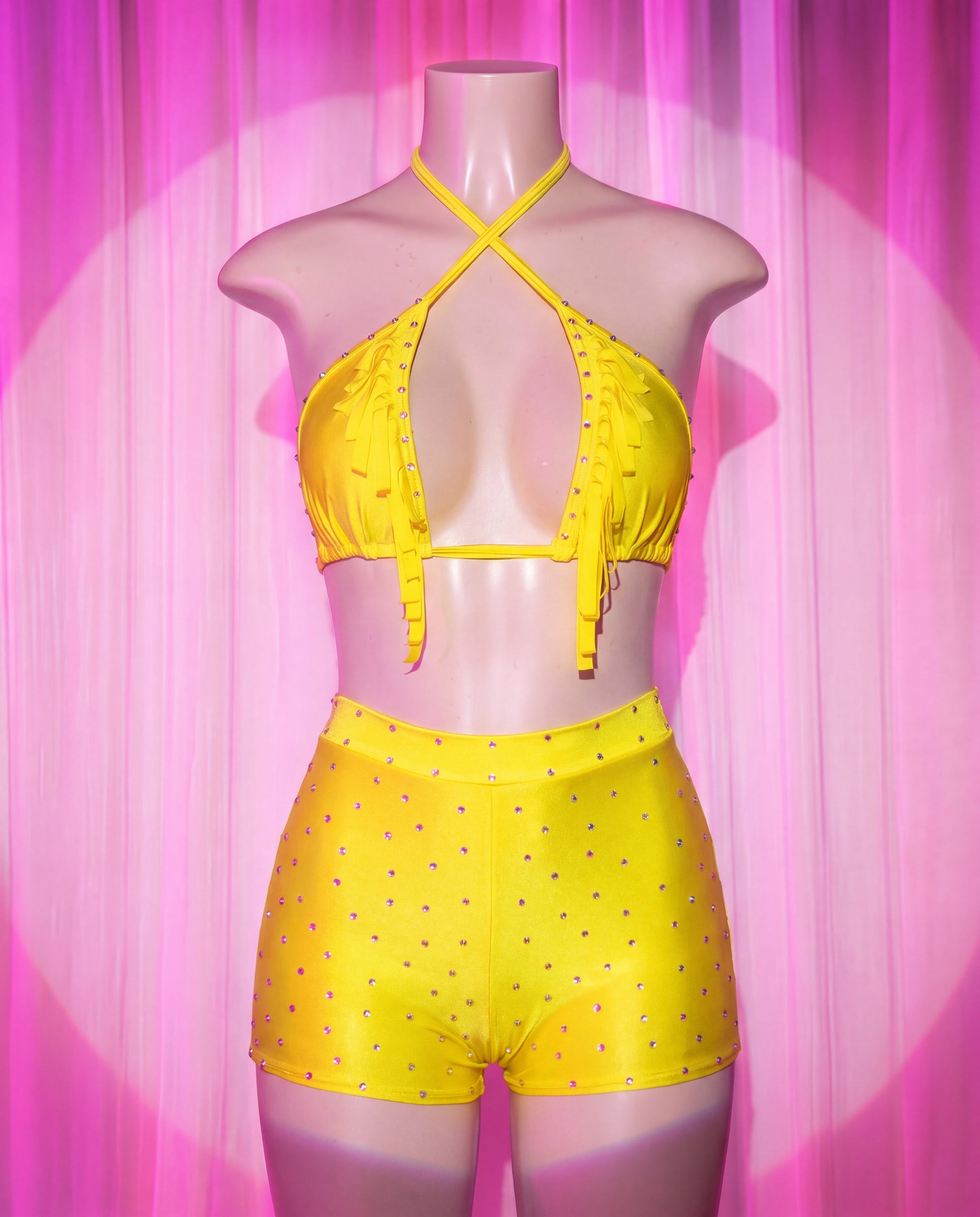 Luna yellow cutout stripper shorts set with fringe front view