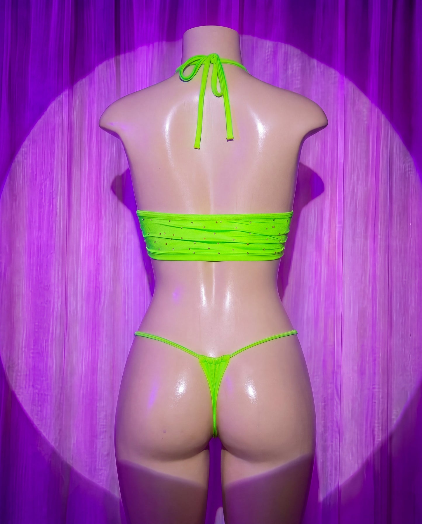 Candy green rhinestone tube top and micro thong stripper set back view